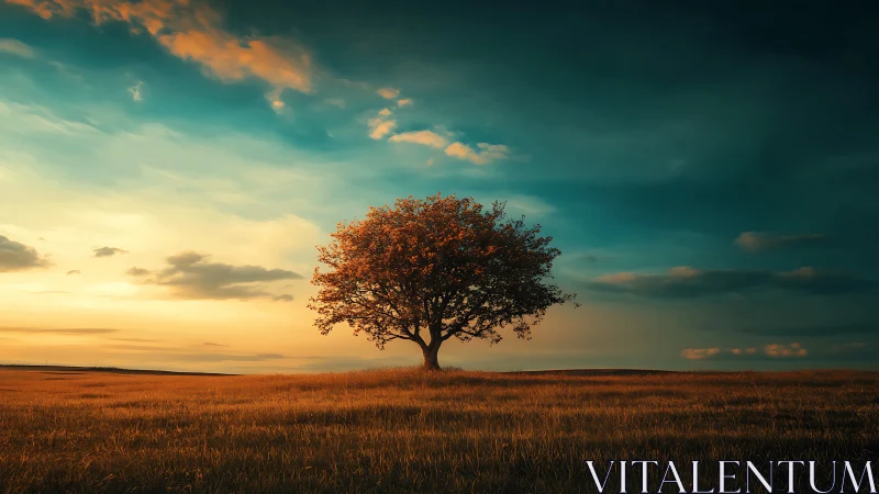 Lone tree in golden field at sunset with dramatic sky, digital art.