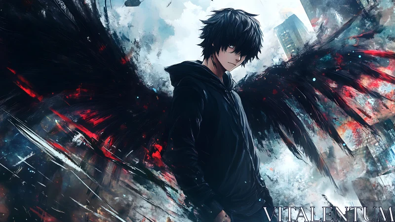 Dark-winged anime figure stands amid abstract urban collapse