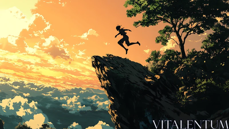 Silhouette leaps from cliff edge into blazing sunset sky
