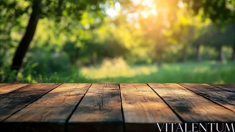 Wooden table surface positioned in natural daylight with blurred green foliage environment