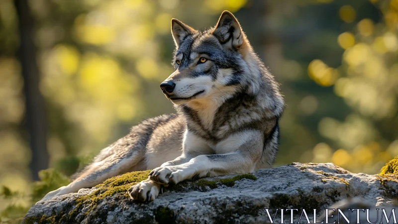 Gray wolf resting on sunlit mossy rock in forest clearing.