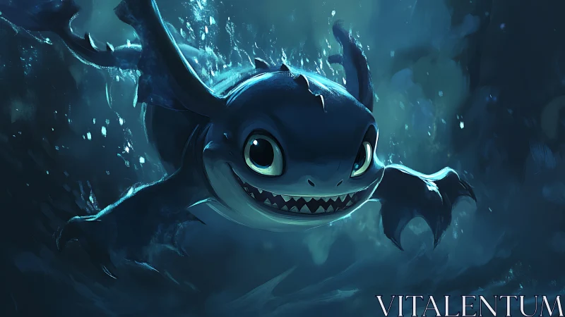 Playful baby dragon dives through glowing blue water worlds