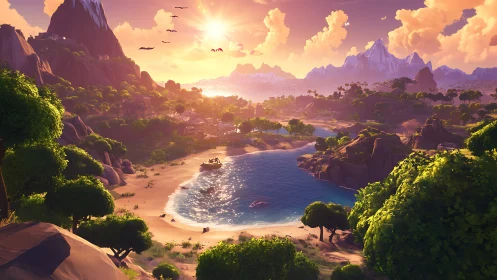 Epic Fantasy Landscape with Mountains and Glowing Cove