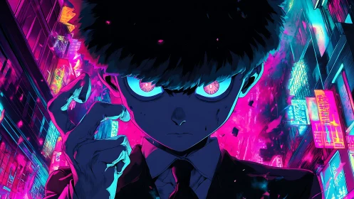 Psychic adolescent in neon cyberpunk alleyway, frontal close-up