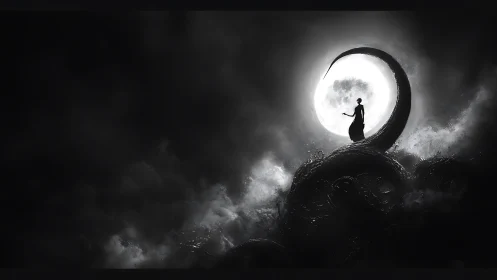 Silhouetted figure on curling peak before bright moon.