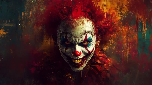 Psychotic clown portrait in saturated grunge horror palette
