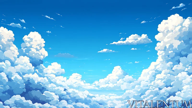 Expansive blue sky framed by towering cumulus clouds.