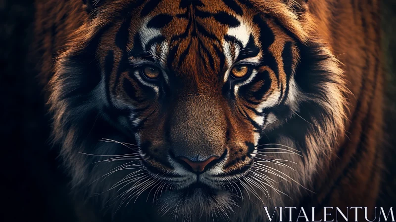 Low-key frontal tiger portrait with dramatic rim lighting.