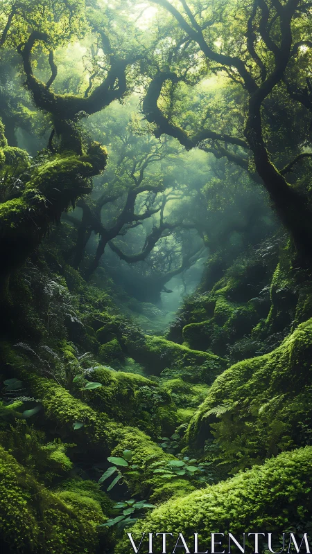 Verdant Arboreal Canyon with Diffuse Luminescence and Moss Stratification.