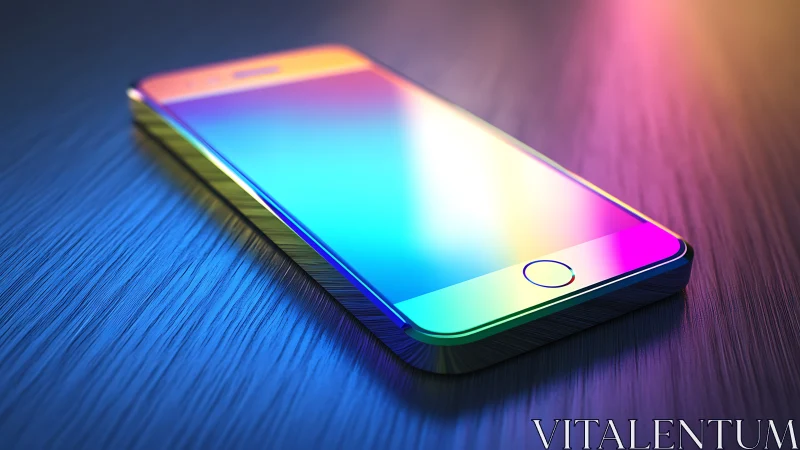 Colorful smartphone on textured surface with gradient glow.