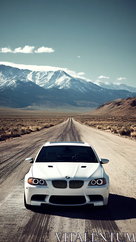 White BMW sedan parked on remote desert highway at mountains.