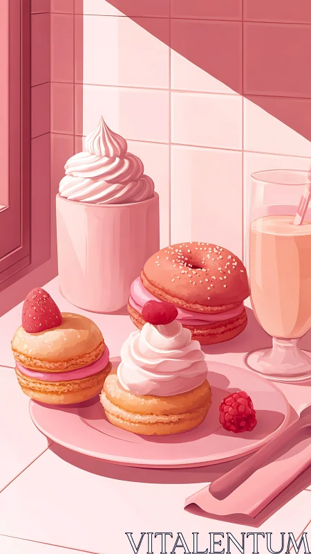 Strawberry pastries on pink plate in stylized sunlit kitchen.