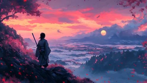 Samurai silhouette overlooking misty valley at crimson dusk.
