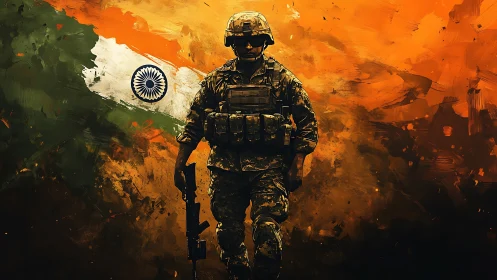 Indian soldier strides before blazing tricolor backdrop.