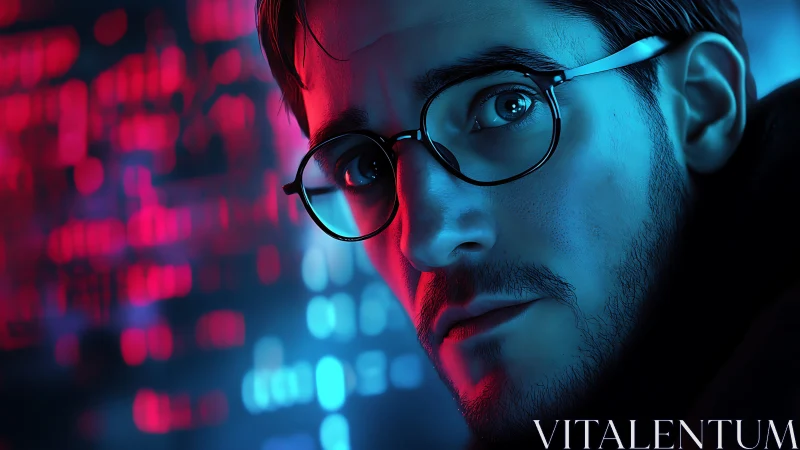 Hacker portrait glows under neon cyberpunk blue and red light