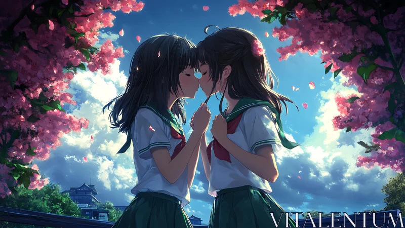 Blossom-framed schoolyard kiss beneath a sky of shy clouds.