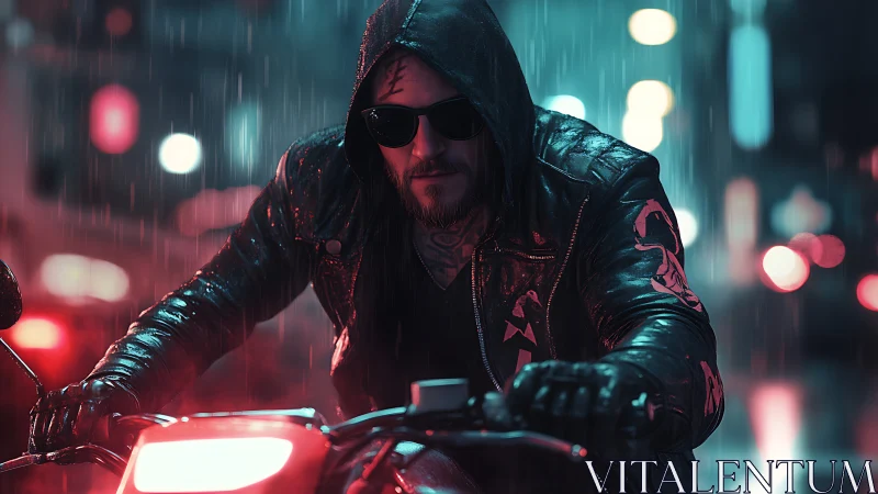 Hooded motorcyclist in rain on neon lit urban street.