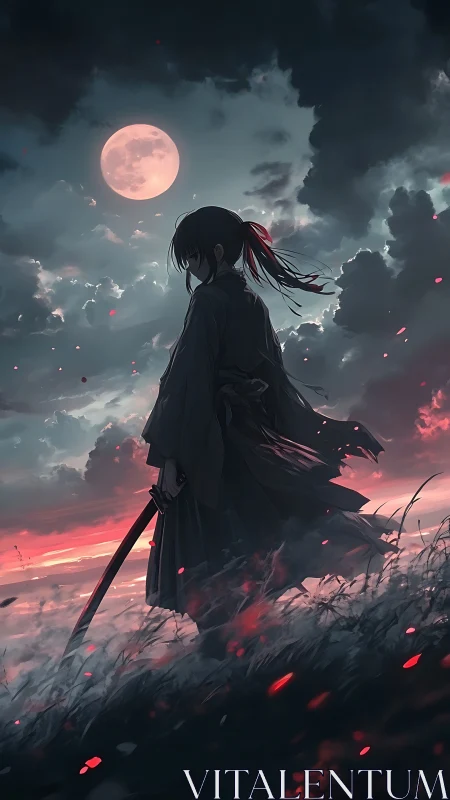 Lone moonlit swordsman wandering through a quiet crimson dusk.