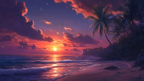 Radiant tropical shoreline under spectrally rich sunset sky.