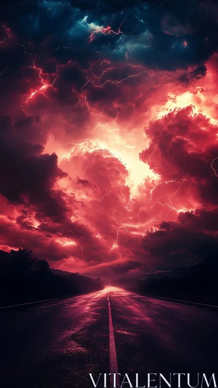 Storm-lit highway runs toward distant vanishing point