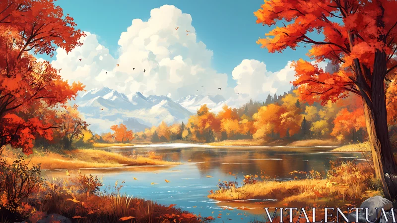 Autumn alpine river valley with vibrant foliage and clouds.