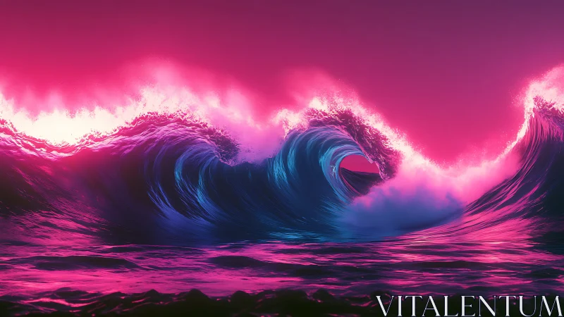 Neon tidal waves collide under electric magenta sky.