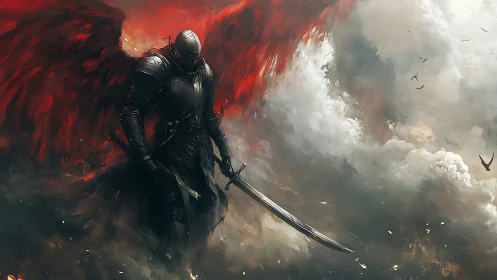 Storm-swept winged knight strides through a burning sky