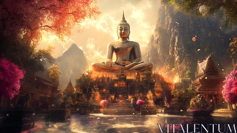 Golden mountain Buddha amid blooming lantern twilight.