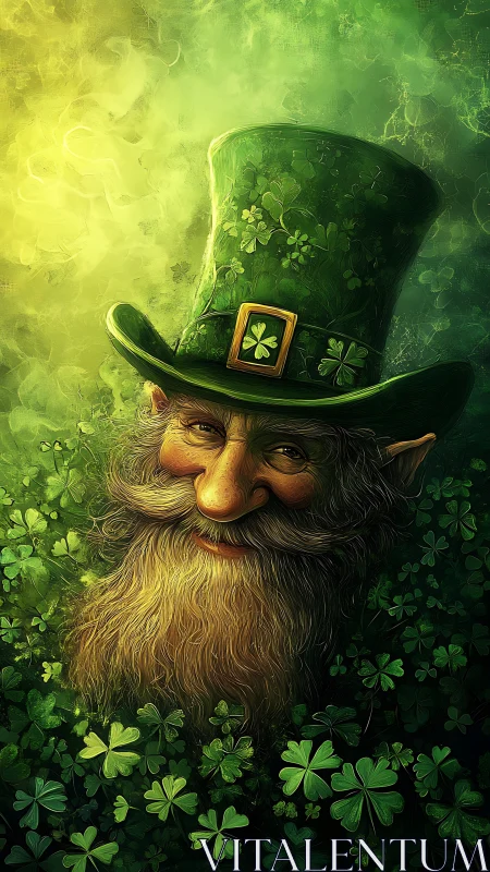 Whimsical leprechaun portrait in luminous clover foliage.