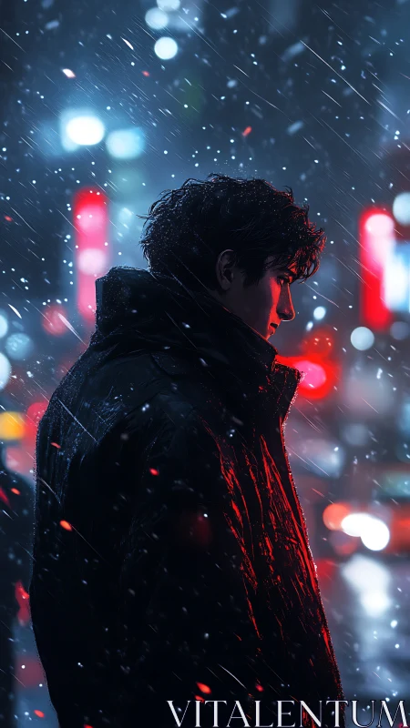 Solitary man in neon city snowfall at night street scene.