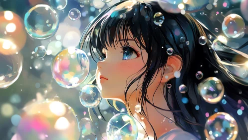 Iridescent bubble field around reflective anime portrait study.
