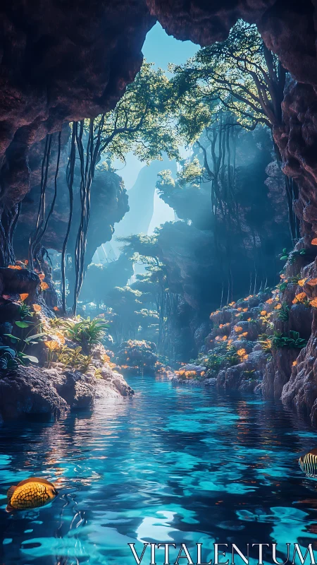 Luminous jungle cavern opens onto radiant turquoise river.