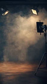 Studio tungsten spotlights illuminating atmospheric haze field