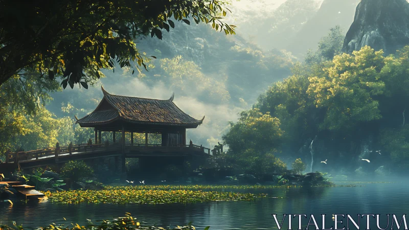 Serene lakeside pavilion bridge in lush misty valley.