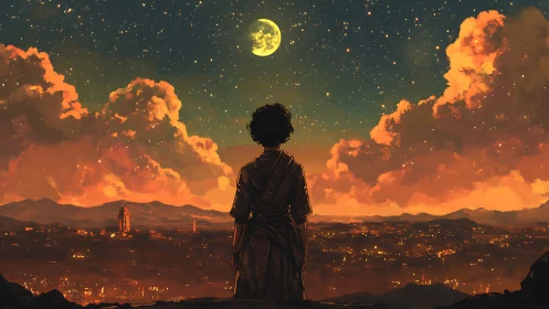 Solitary watcher under moonlit clouds above ember city.