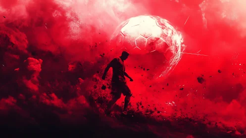 Explosive red soccer moment glows with cosmic energy