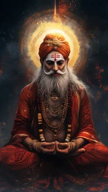 Radiant sage in deep meditation glows with serene power