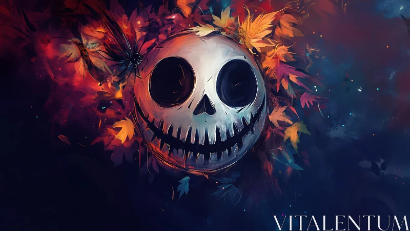Grinning skull mask amid autumn foliage in saturated digital paint