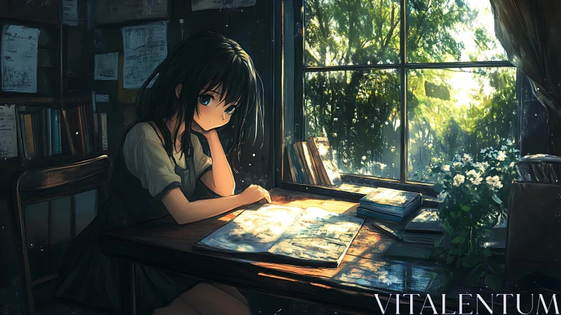 Anime study interior with luminous window light rendering.