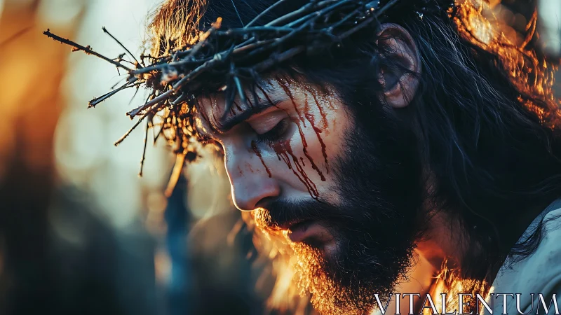 Crowned figure in thorn wreath with warm cinematic backlight.