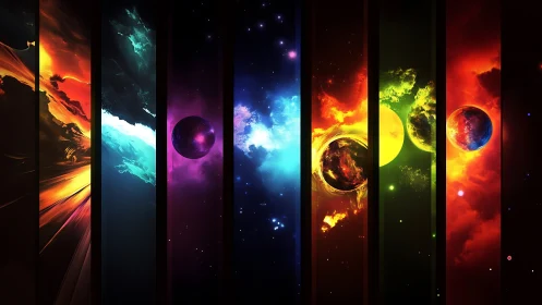 Striped cosmic panorama aligns glowing planets and nebulae