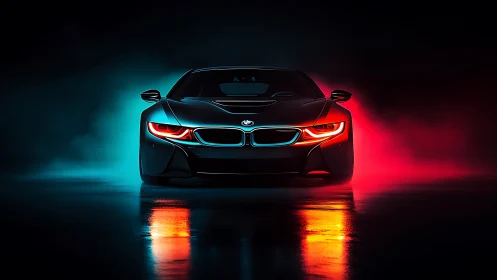 Futuristic sports car front view in neon red blue light.