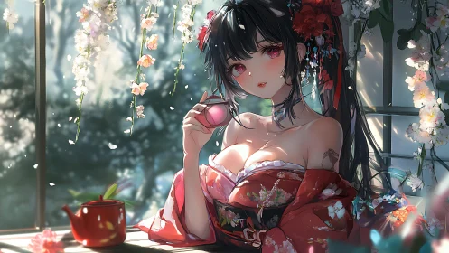 Anime girl in red kimono holding peach in flowered garden