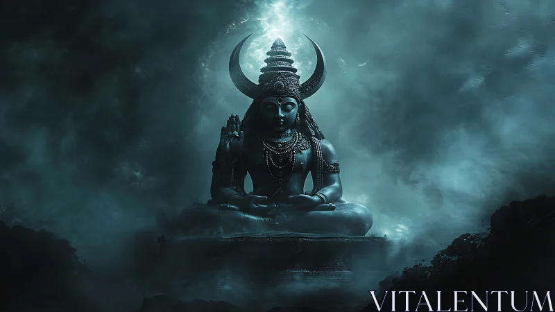 Mystical blue deity statue seated in stormy misty clouds.