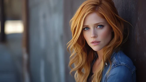 Warm light on thoughtful redhead by weathered urban wall.