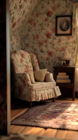 Floral upholstered armchair positioned beside small side table