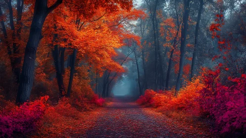 Autumn Forest Pathway Bathed in Vibrant Red and Gold Light.