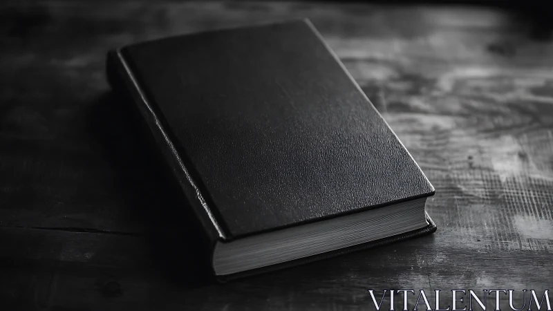 Closed black hardcover book rests on worn wooden surface
