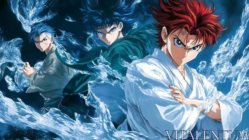 Triple martial artists with dynamic water-element energy arcs