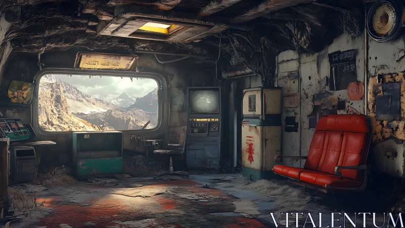 Retro-futurist mountain outpost interior, digital concept art.